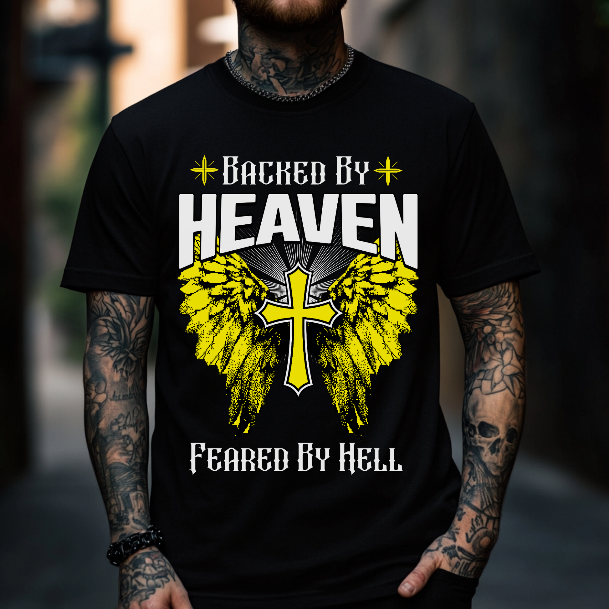christian streetwear tshirt, backed by heaven feared by hell