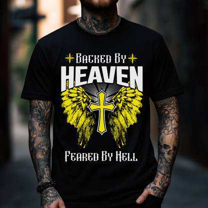 christian streetwear tshirt, backed by heaven feared by hell