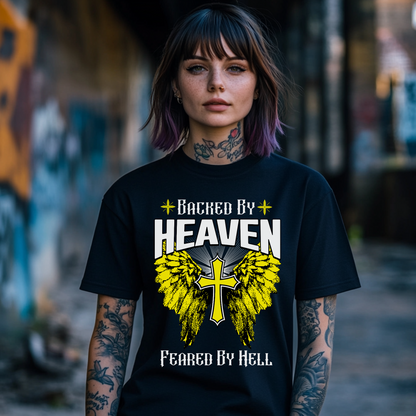 edgy christian tshirt, black crewneck short sleeve, backed by heaven feared by hell
