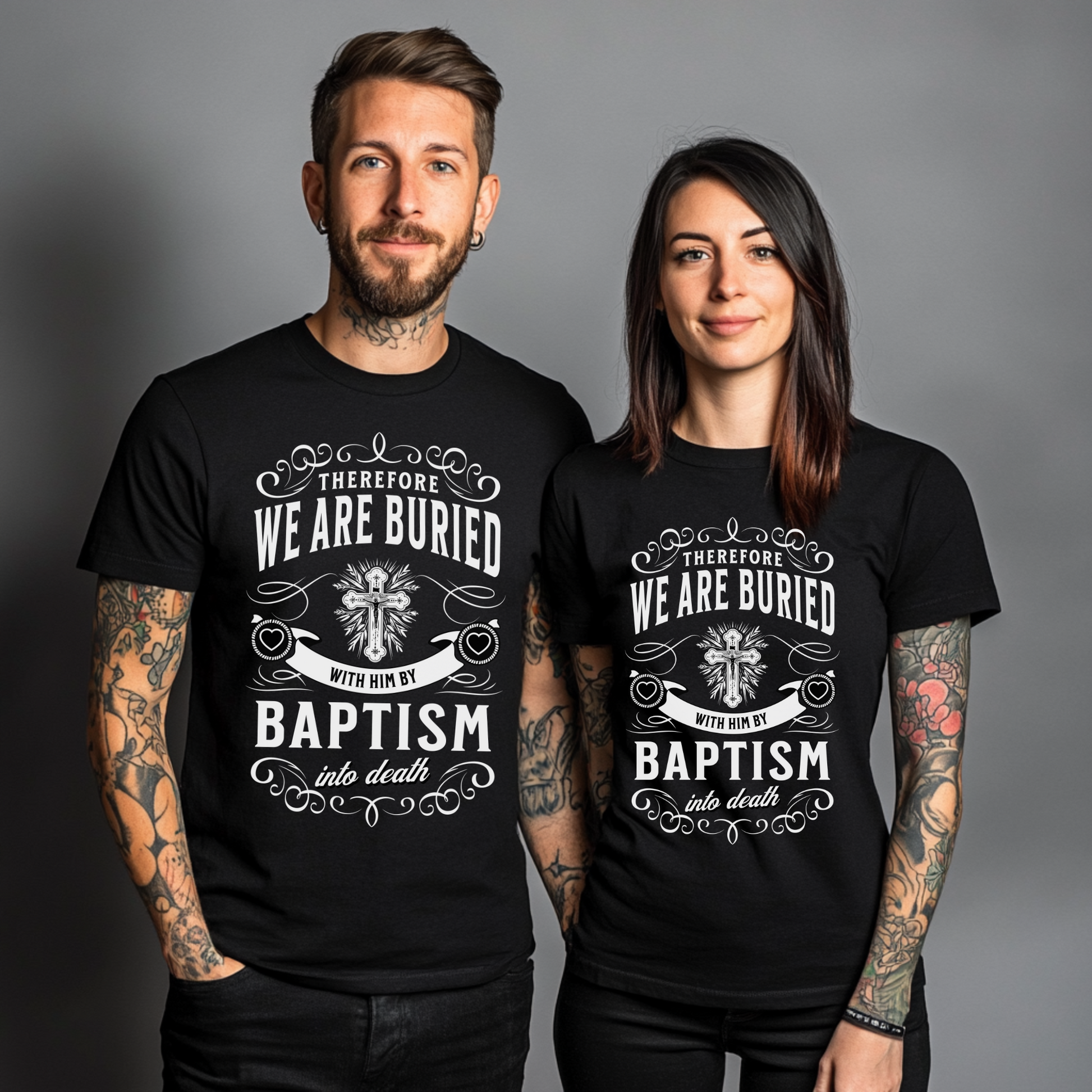 a couple wearing unisex christian tshirts for men and women