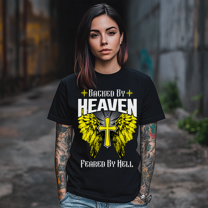 christian alternative clothing, black crewneck short sleeve tshirt, backed by heaven feared by hell, alternative angel wings shirt