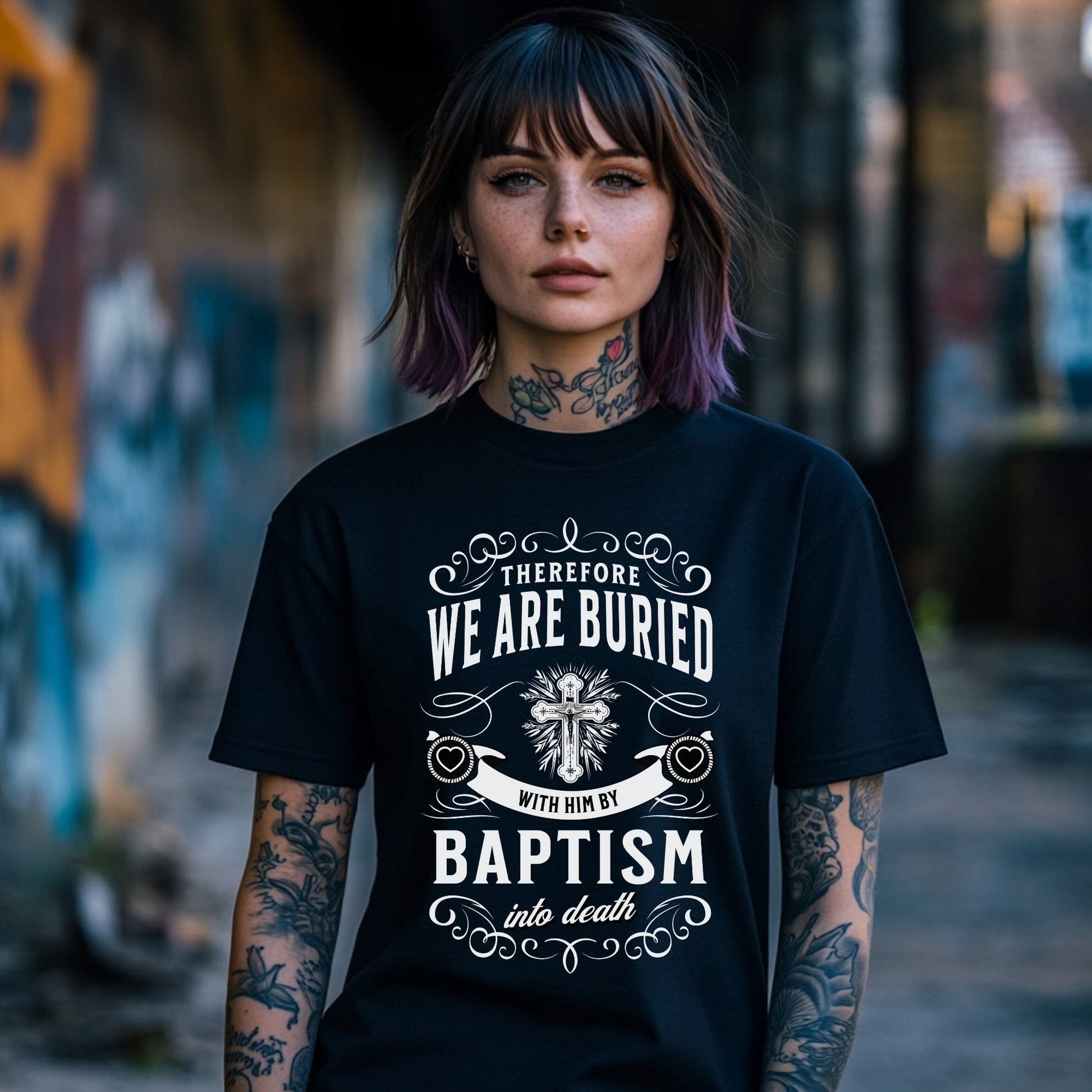 tattooed womean wearing bold christian clothing