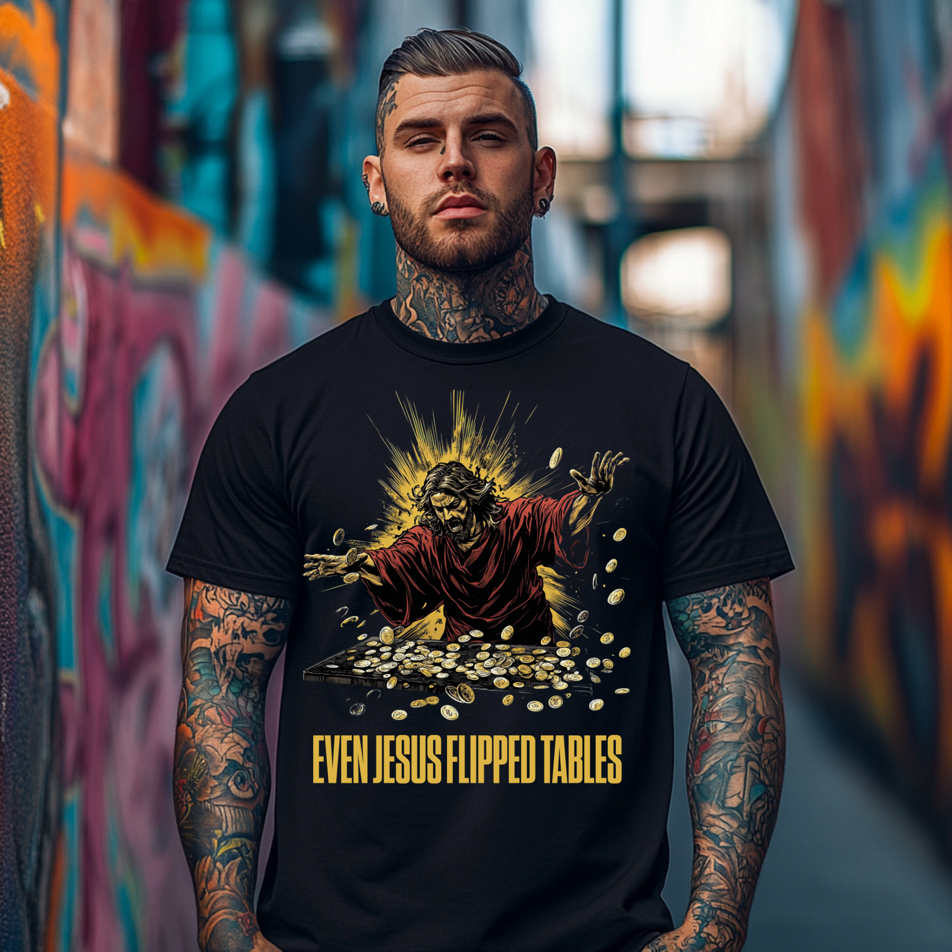 tattooed alternative man wearing a funny christian tshirt for men