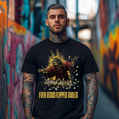 tattooed alternative man wearing a funny christian tshirt for men