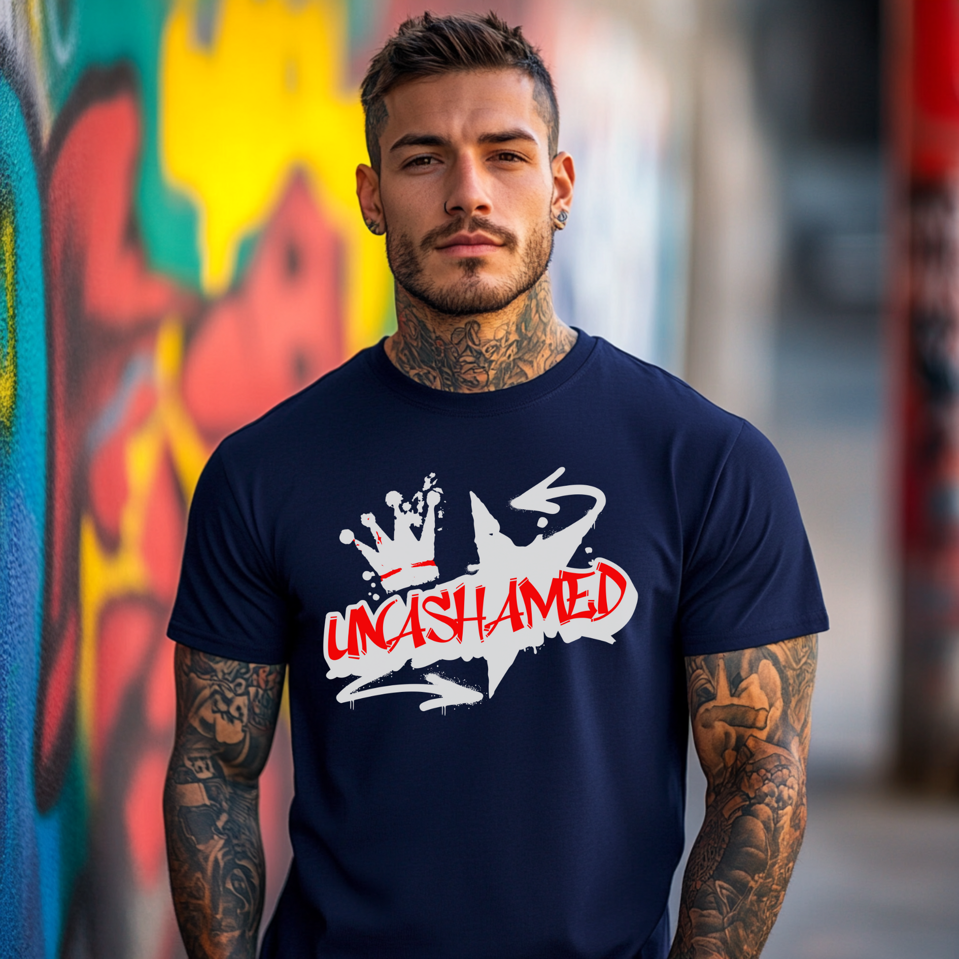 man wearing a bold christian shirt for men in navy that says unashamed