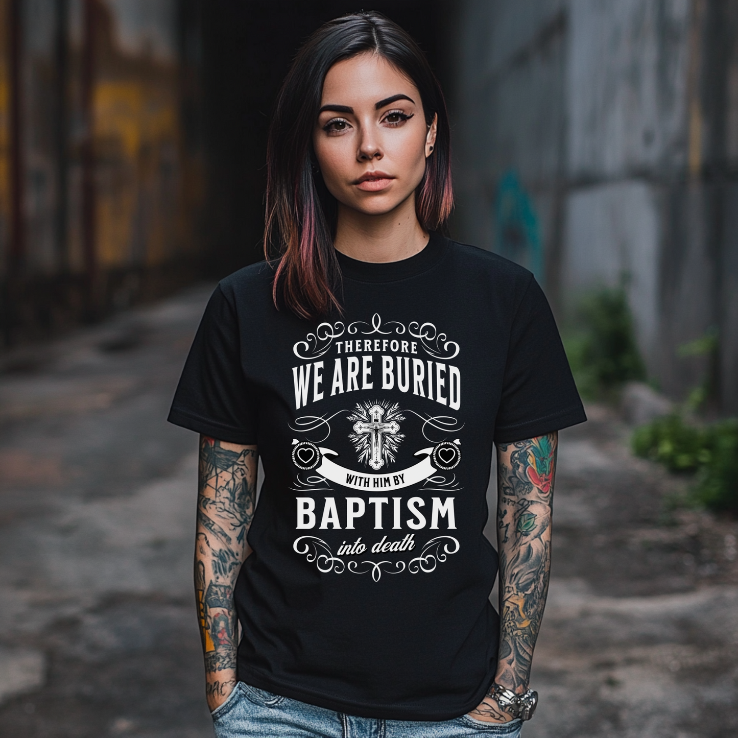 a women with tattoos wearing an edgy christian shirt