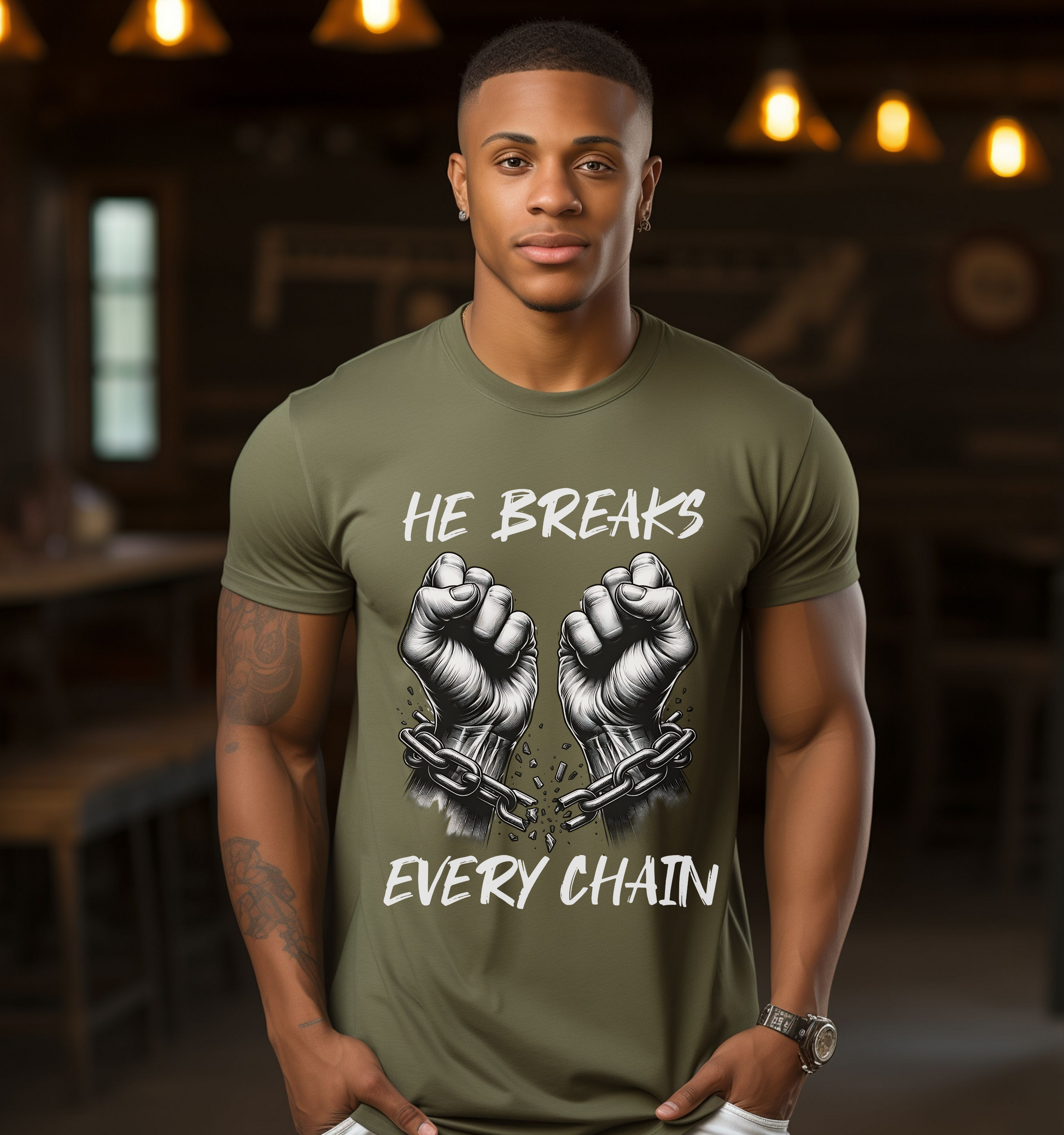 christian streetwear graphic tee he breaks every chain