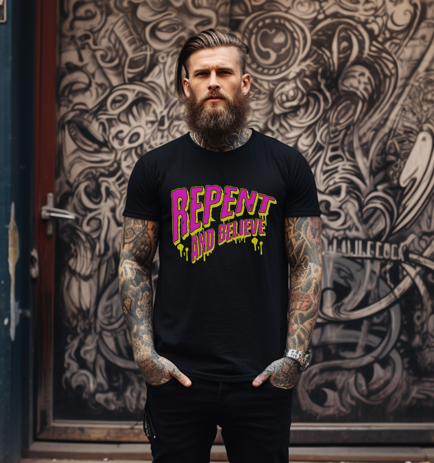 a tattooed man wearing christian streetwear, a black crew neck short sleeve Christian graphic tee that says repent and believe