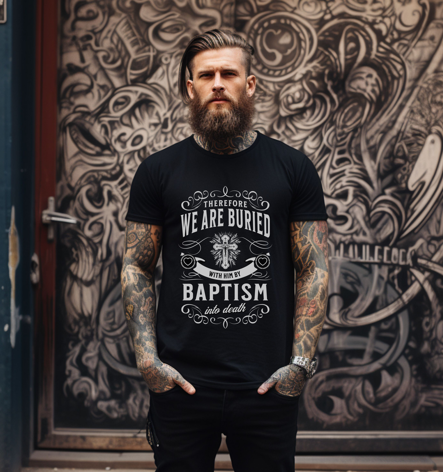 tattooed man wearing a black bold christian tshirt 