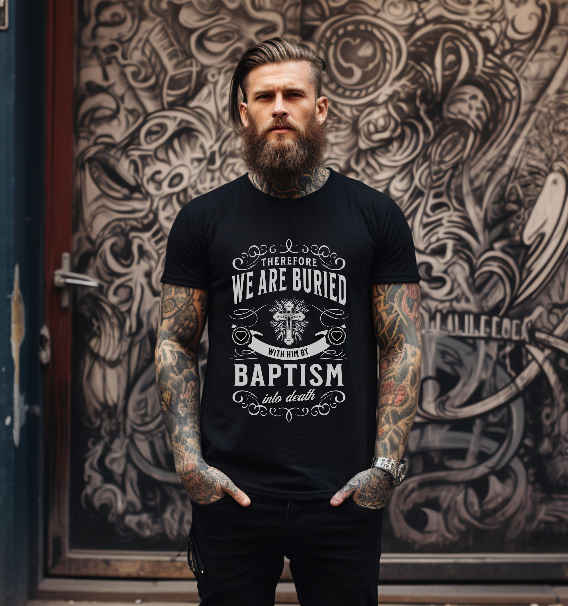 tattooed man wearing a black bold christian tshirt 