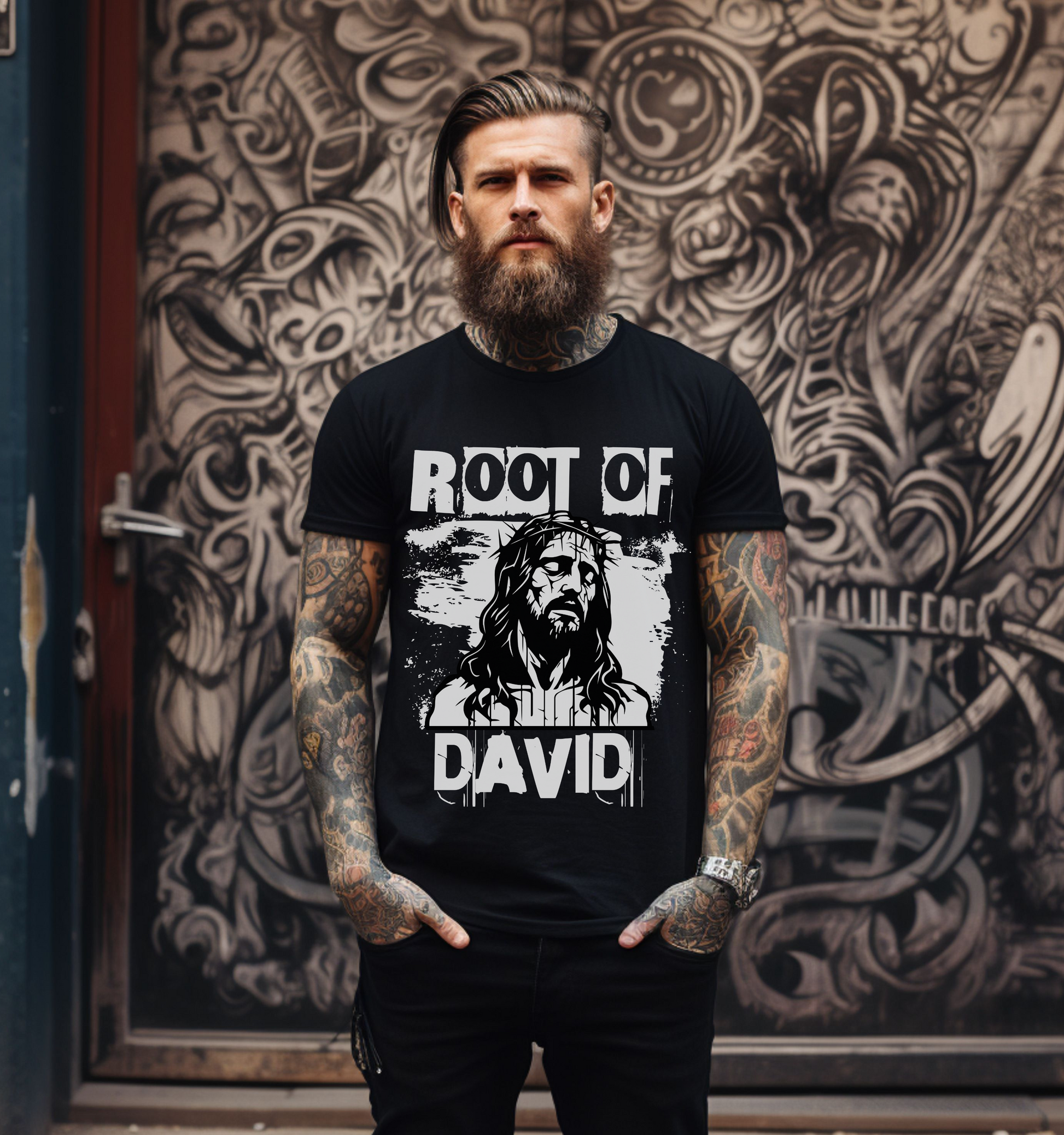 man wearing a Root Of David Alternative Christian Streetwear Tshirt