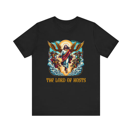 Black Jesus t-shirt with religious graphic and 'The Lord of Hosts' text on a white background