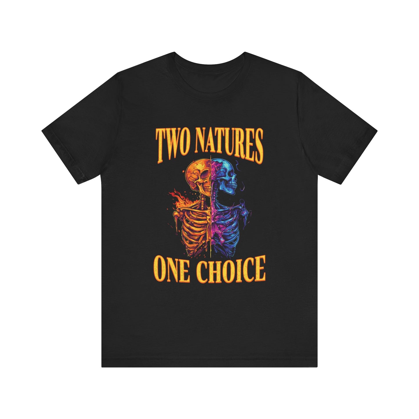 Black alternative christian t-shirt with colorful skeleton design and text 'Two Natures One Choice' on a white background