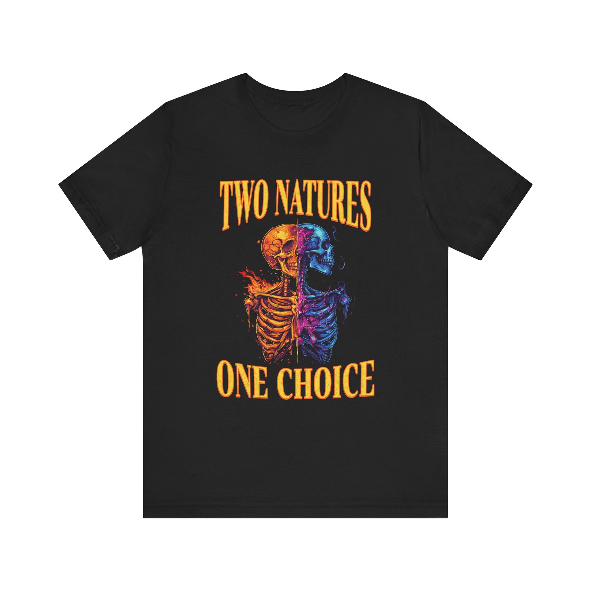 Black alternative christian t-shirt with colorful skeleton design and text 'Two Natures One Choice' on a white background