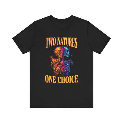 Black alternative christian t-shirt with colorful skeleton design and text 'Two Natures One Choice' on a white background