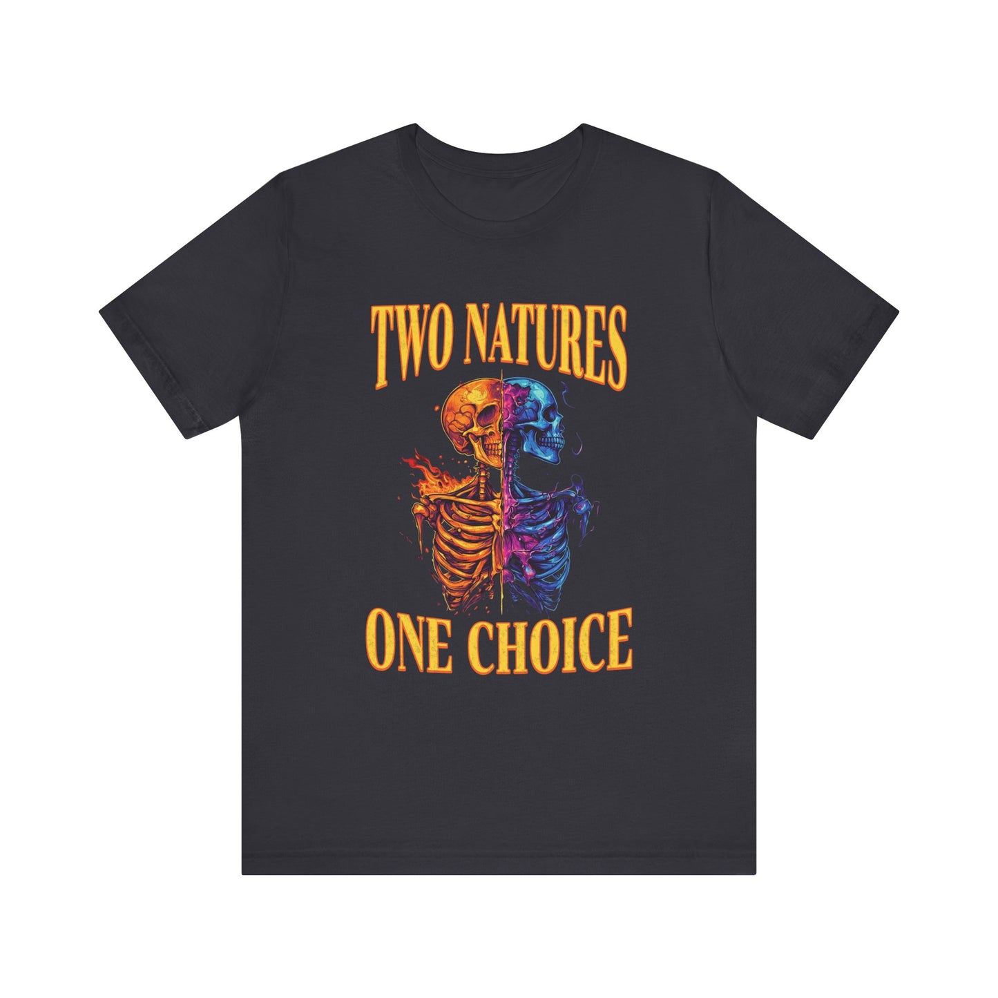 Dark Grey christian t-shirt with colorful skeleton design and text 'Two Natures One Choice' on a white background