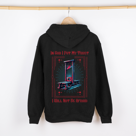 Unisex "In God I Put My Trust" Guillotine Alternative Christian Streetwear Hoodie hanging on hanger
