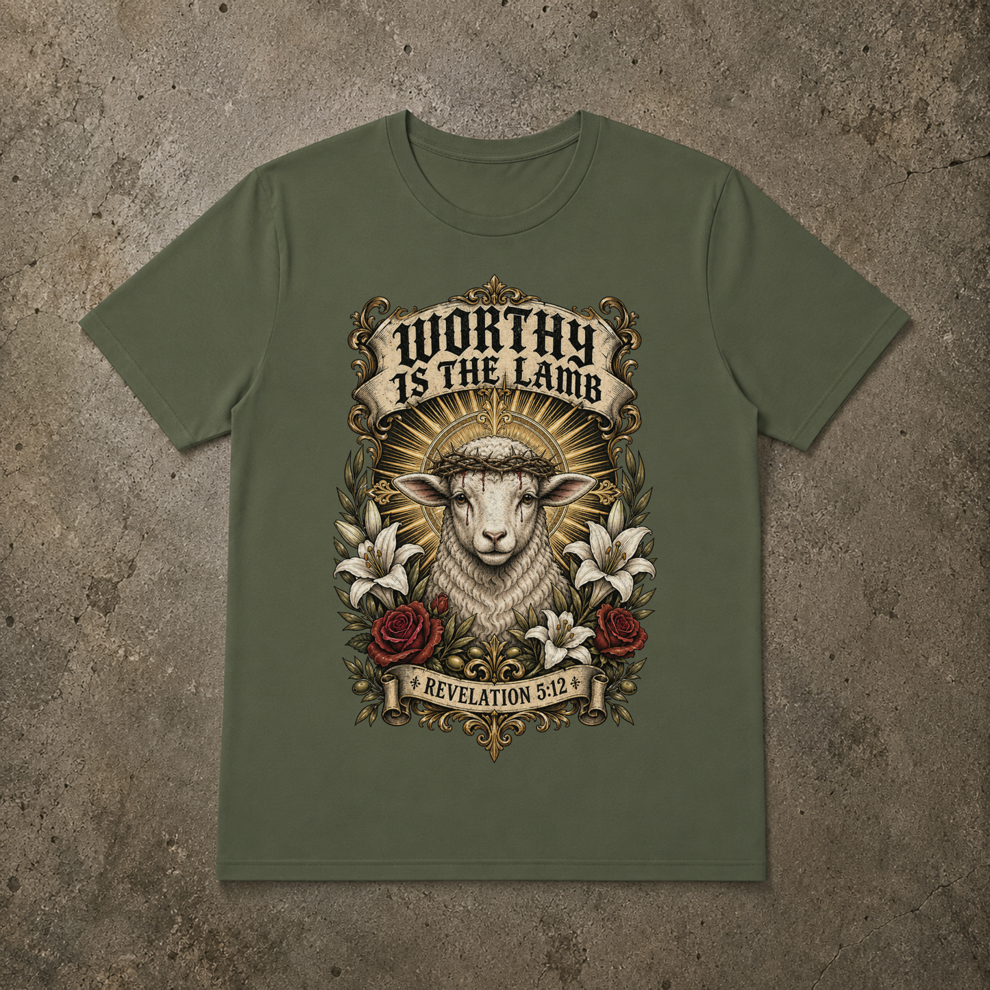 A green short-sleeve crewneck t-shirt with a detailed graphic print of a jesus as a lamb wearing a crown of thorns, surrounded by flowers, with the text 'WORTHY IS THE LAMB' and 'REVELATION 5:2'. The t-shirt is displayed flat on a textured gray concrete background.