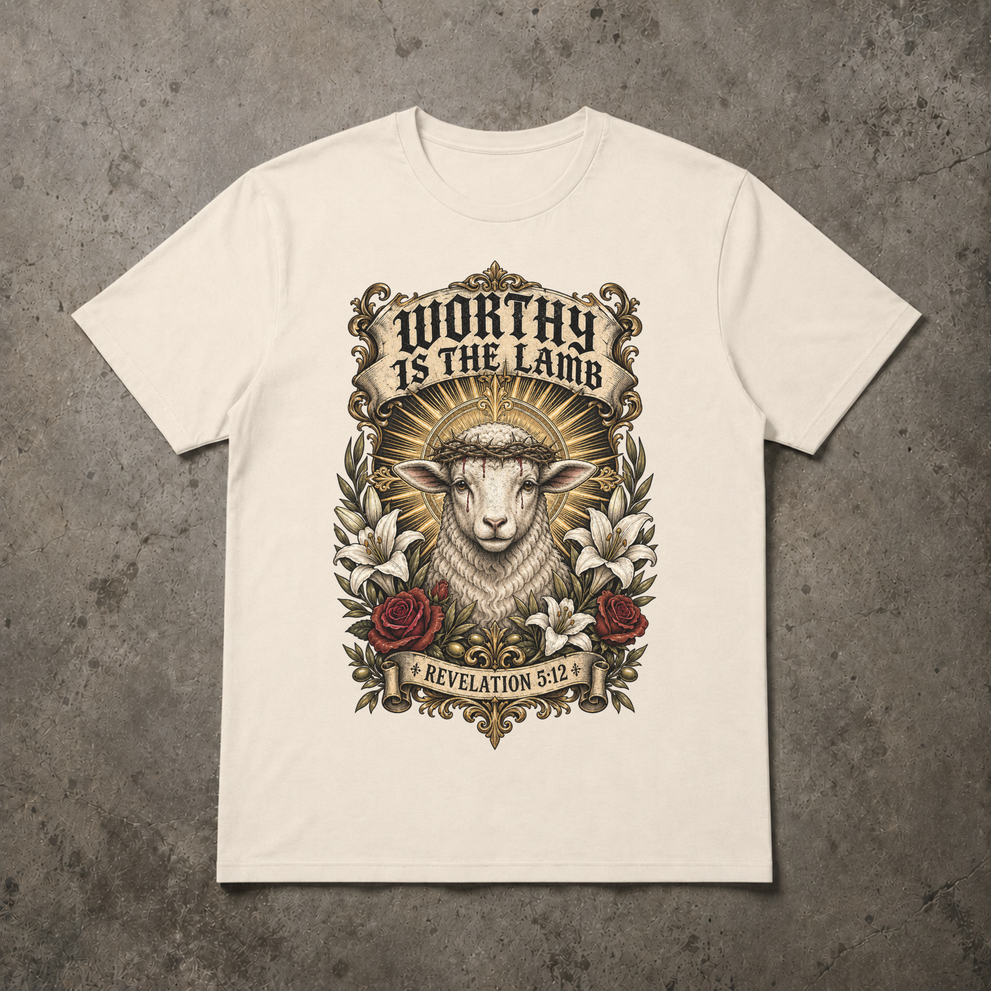 A ivory short-sleeve crewneck t-shirt with a detailed graphic print of a lamb wearing a crown of thorns, surrounded by lilies and roses, with the text 'WORTHY IS THE LAMB' and 'REVELATION 5:2'. The t-shirt is displayed flat on a textured gray concrete background.