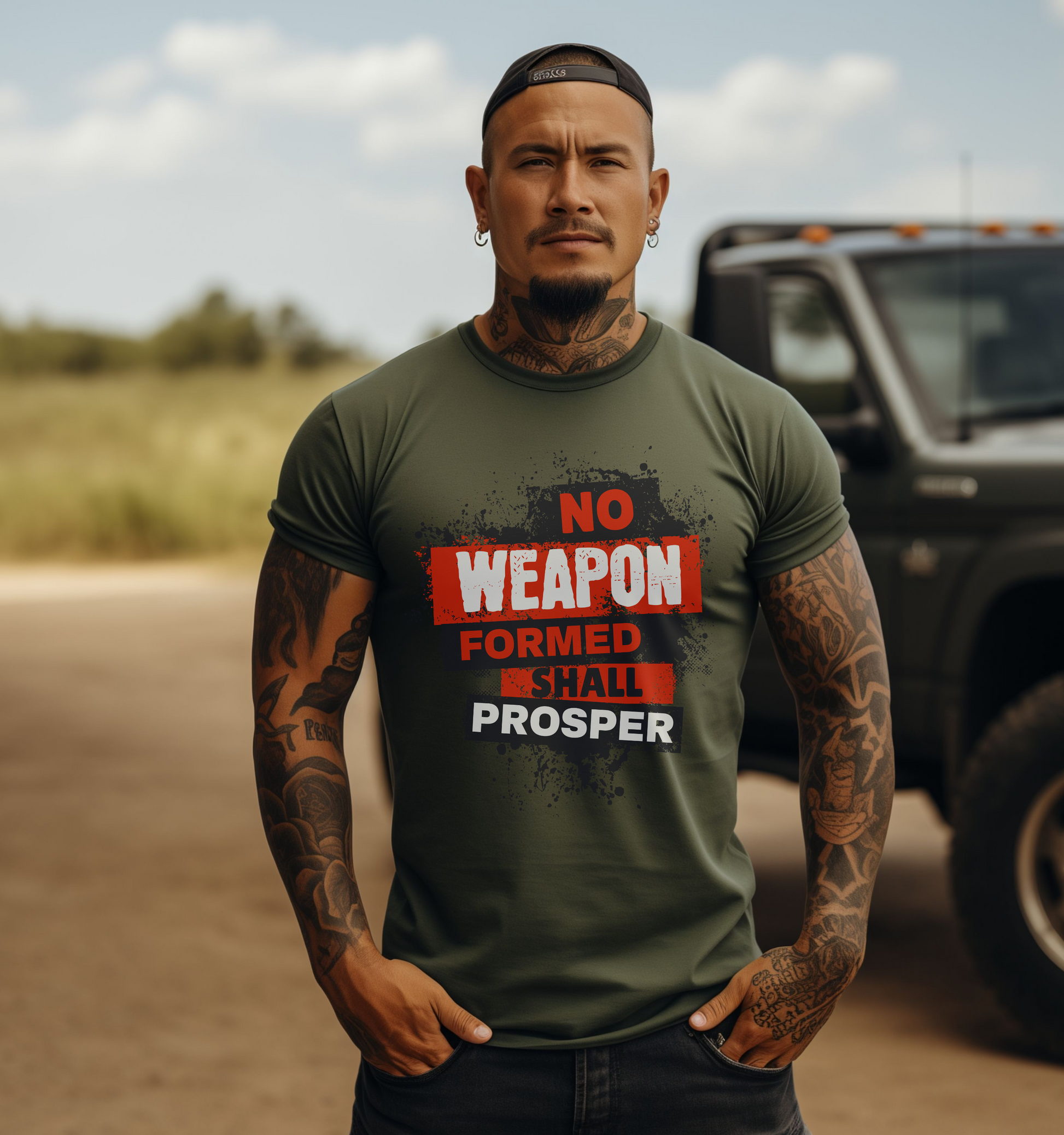 Mens christian tshirt no weapon formed shall prosper