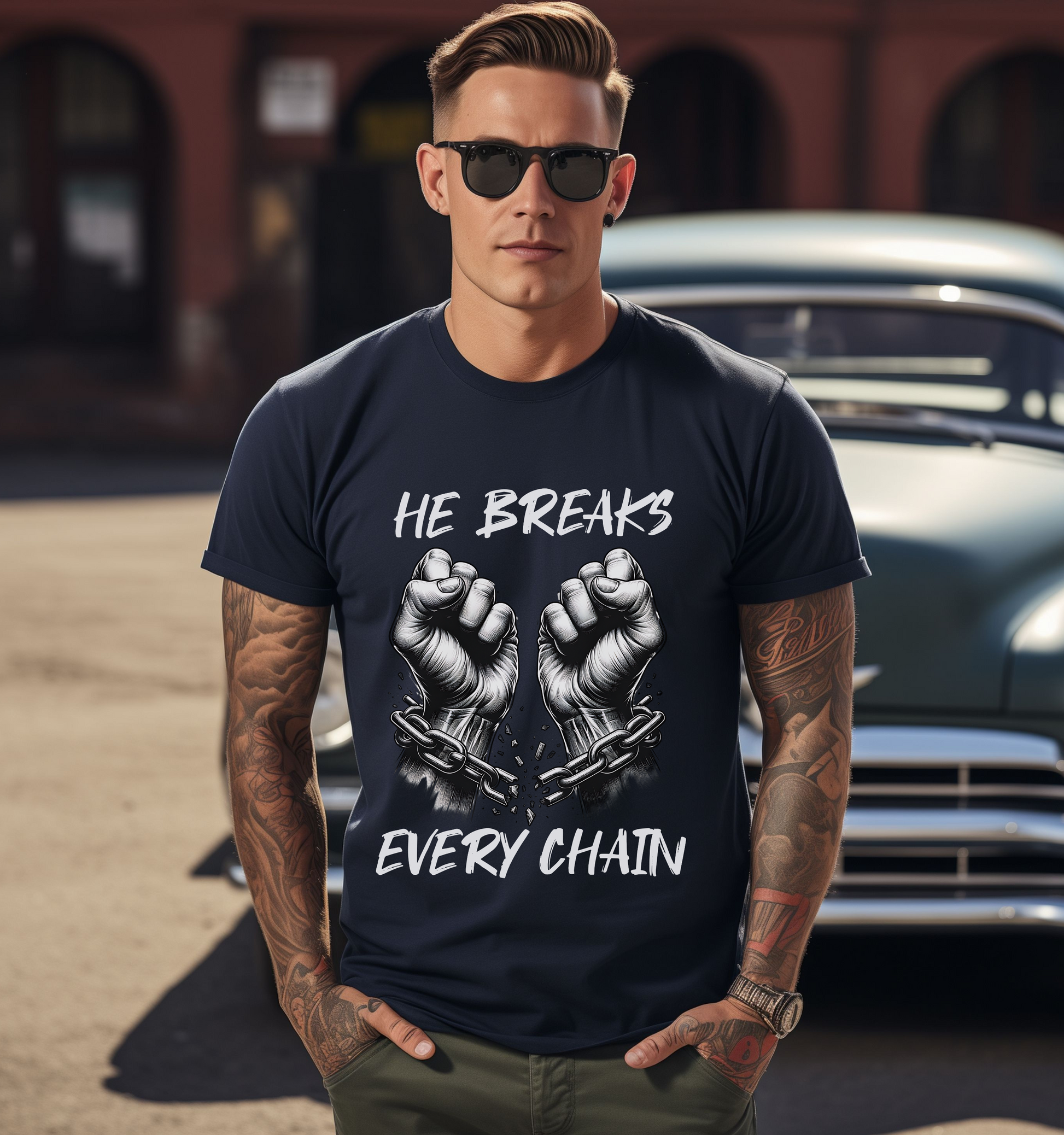 mens christian tshirt he breaks every chain power of jesus shirt