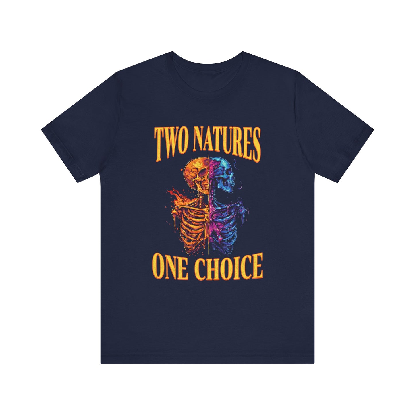 Navy blue mens christian t-shirt with a colorful skeleton design and text 'Two Natures One Choice' on a white background