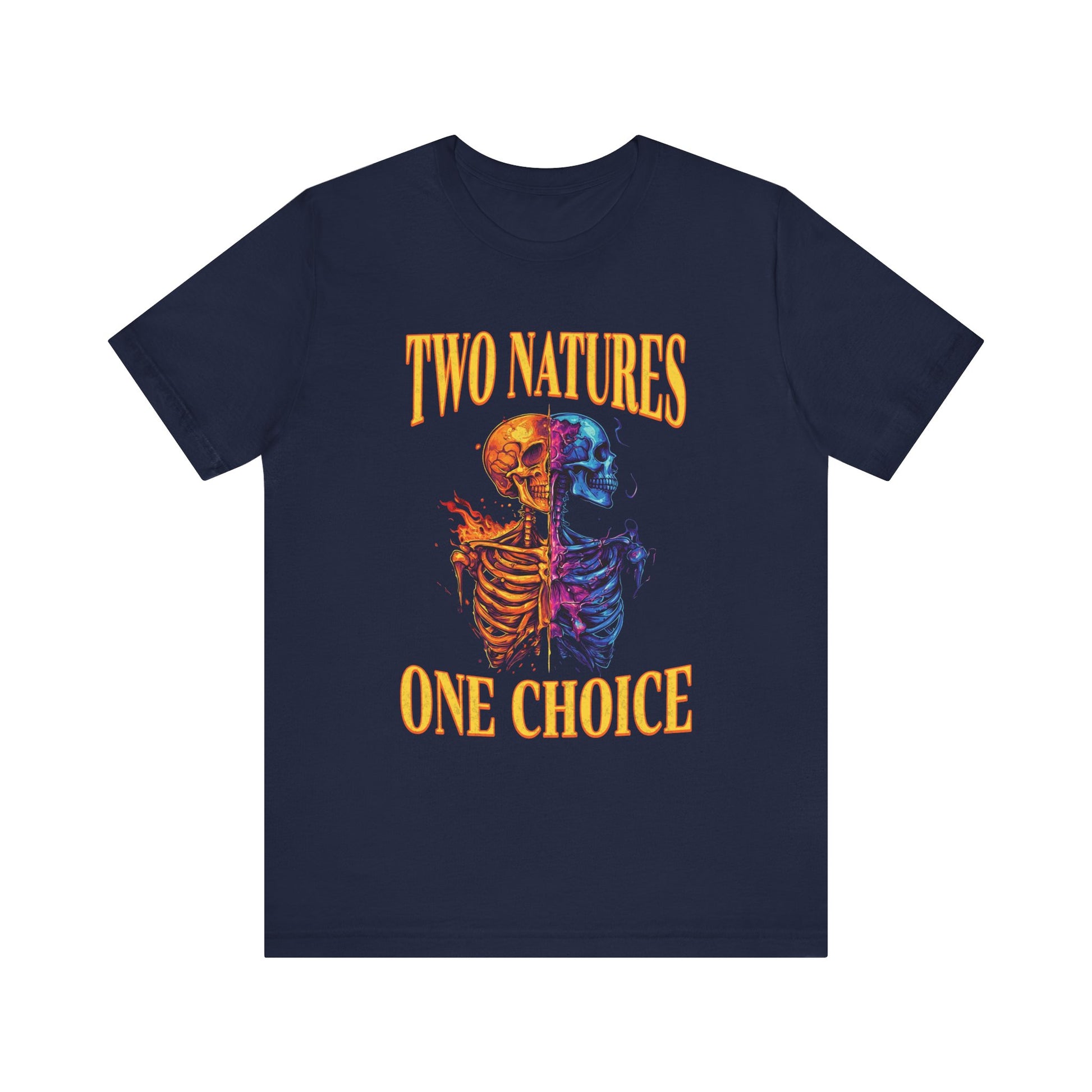 Navy blue mens christian t-shirt with a colorful skeleton design and text 'Two Natures One Choice' on a white background