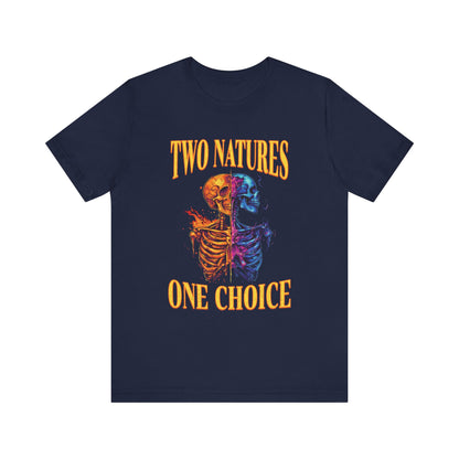 Navy blue mens christian t-shirt with a colorful skeleton design and text 'Two Natures One Choice' on a white background