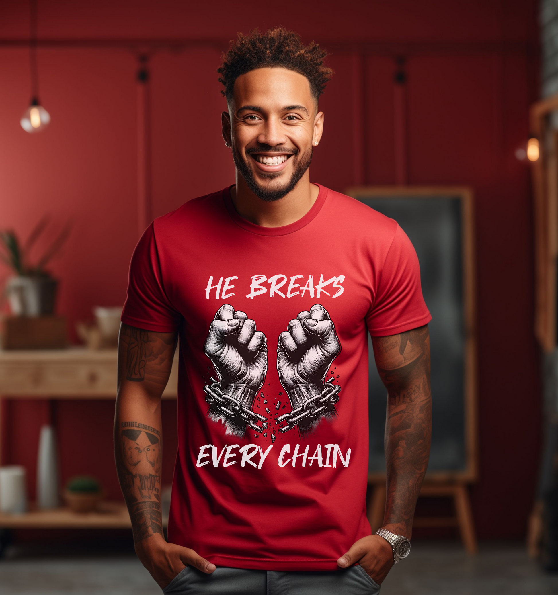 Image of a man wearing Christian streetwear apparel featuring a red short sleeve crew neck graphic tee. The tee depicts the phrase He breaks every chain alongside an image of hands breaking free from chains