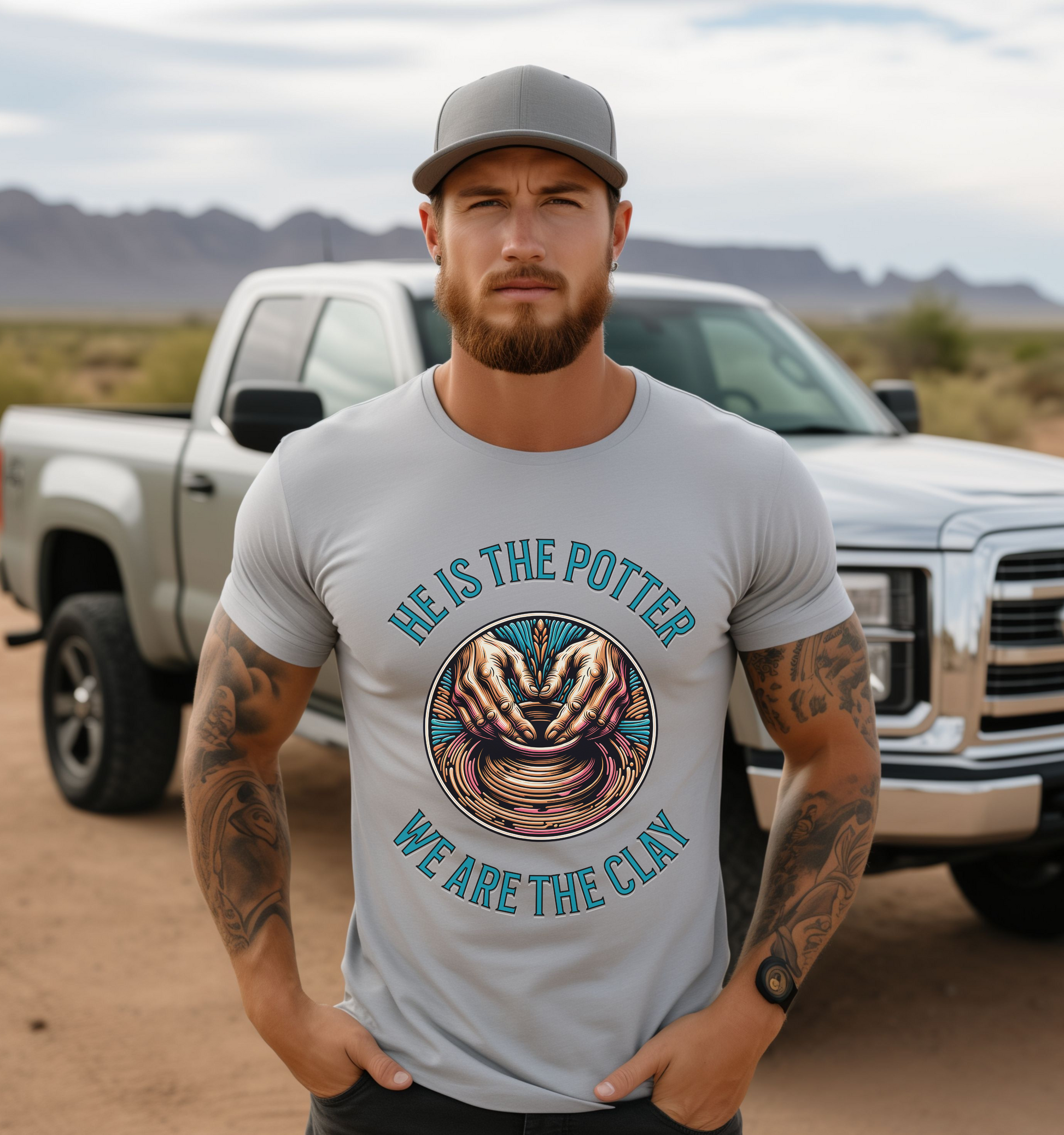 man wearing a silver crewneck short sleeve religious graphic tee