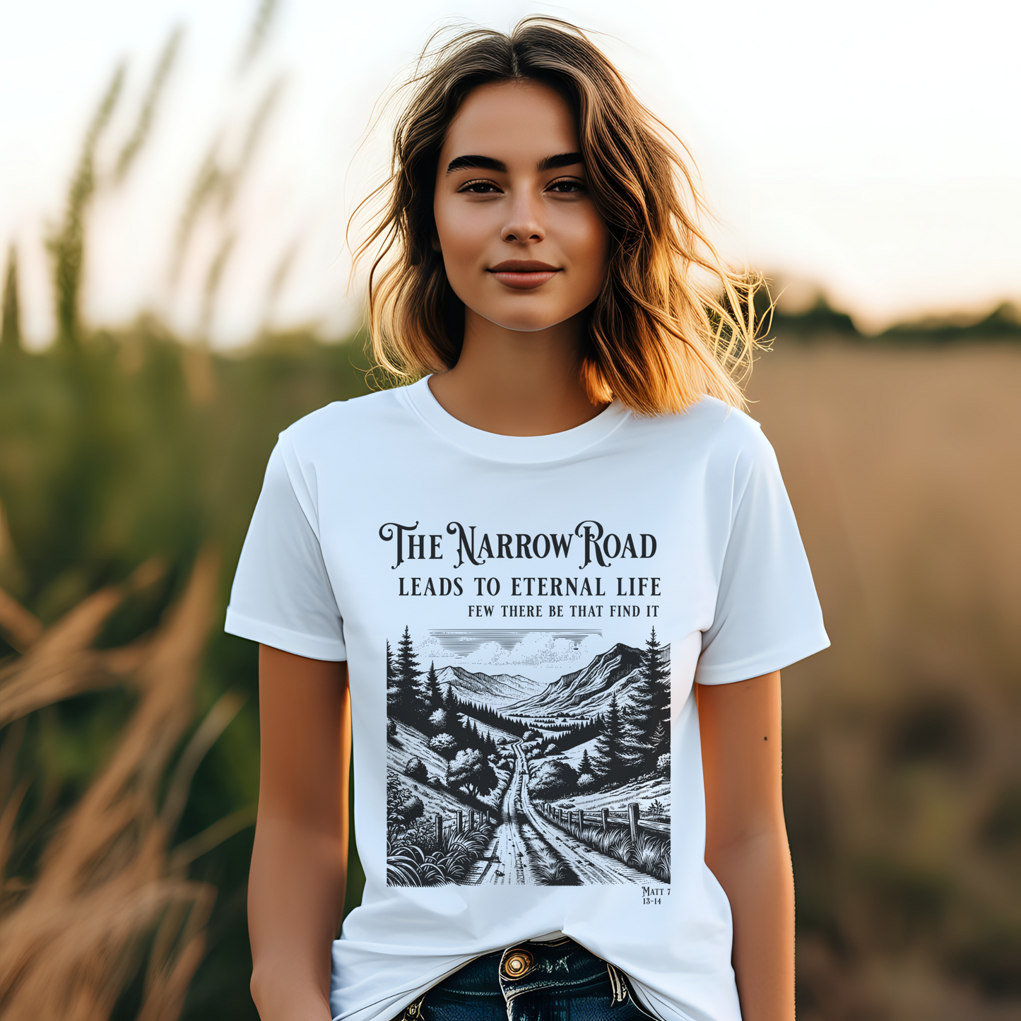 a women wearing a scripture shirt in white 