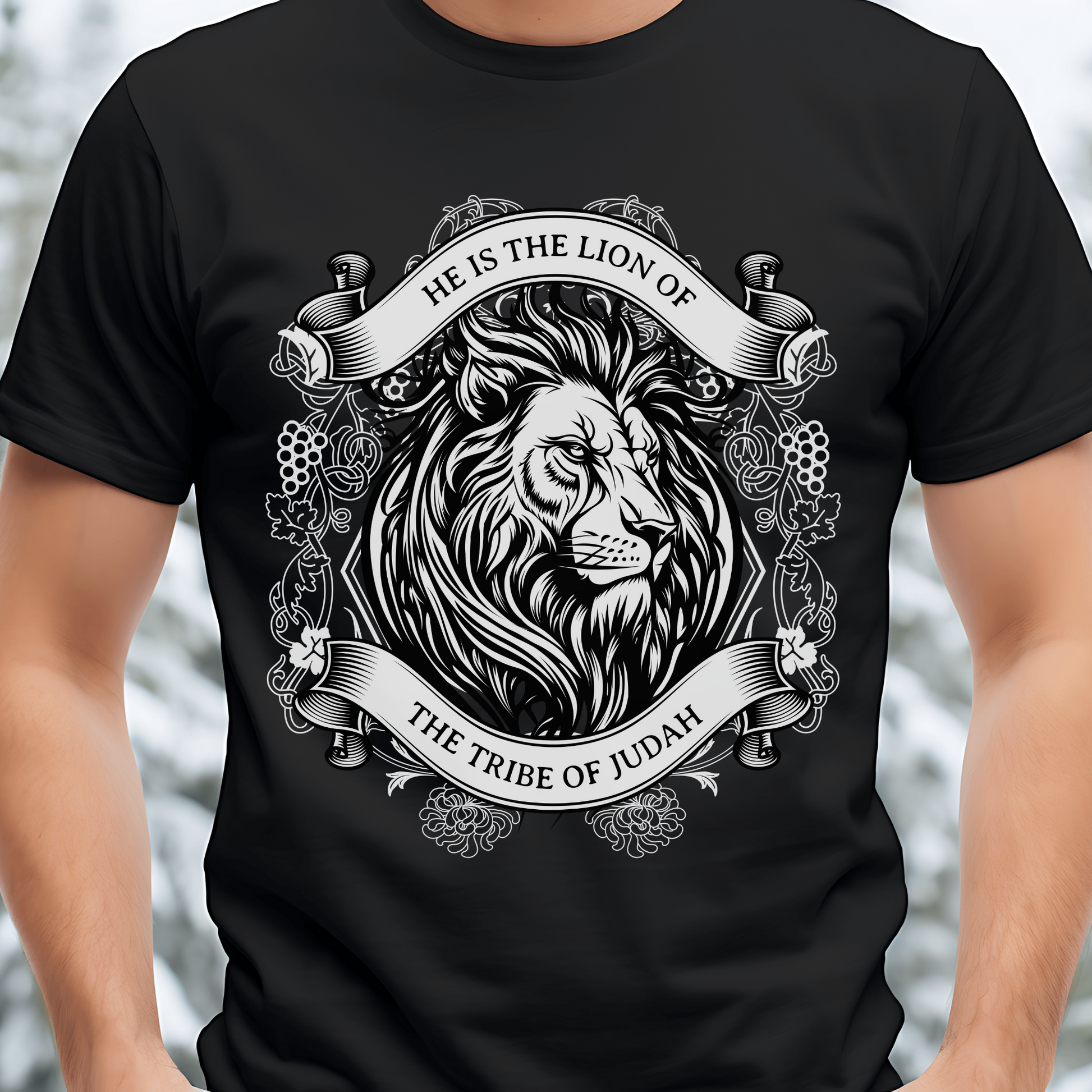 man wearing a men's christian streetwear graphic tshirt that has the lion of judah on it 