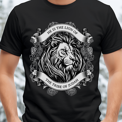 man wearing a men's christian streetwear graphic tshirt that has the lion of judah on it 