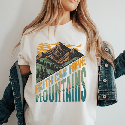 women wearing a faith can move mountains christian shirt with mountain landscape