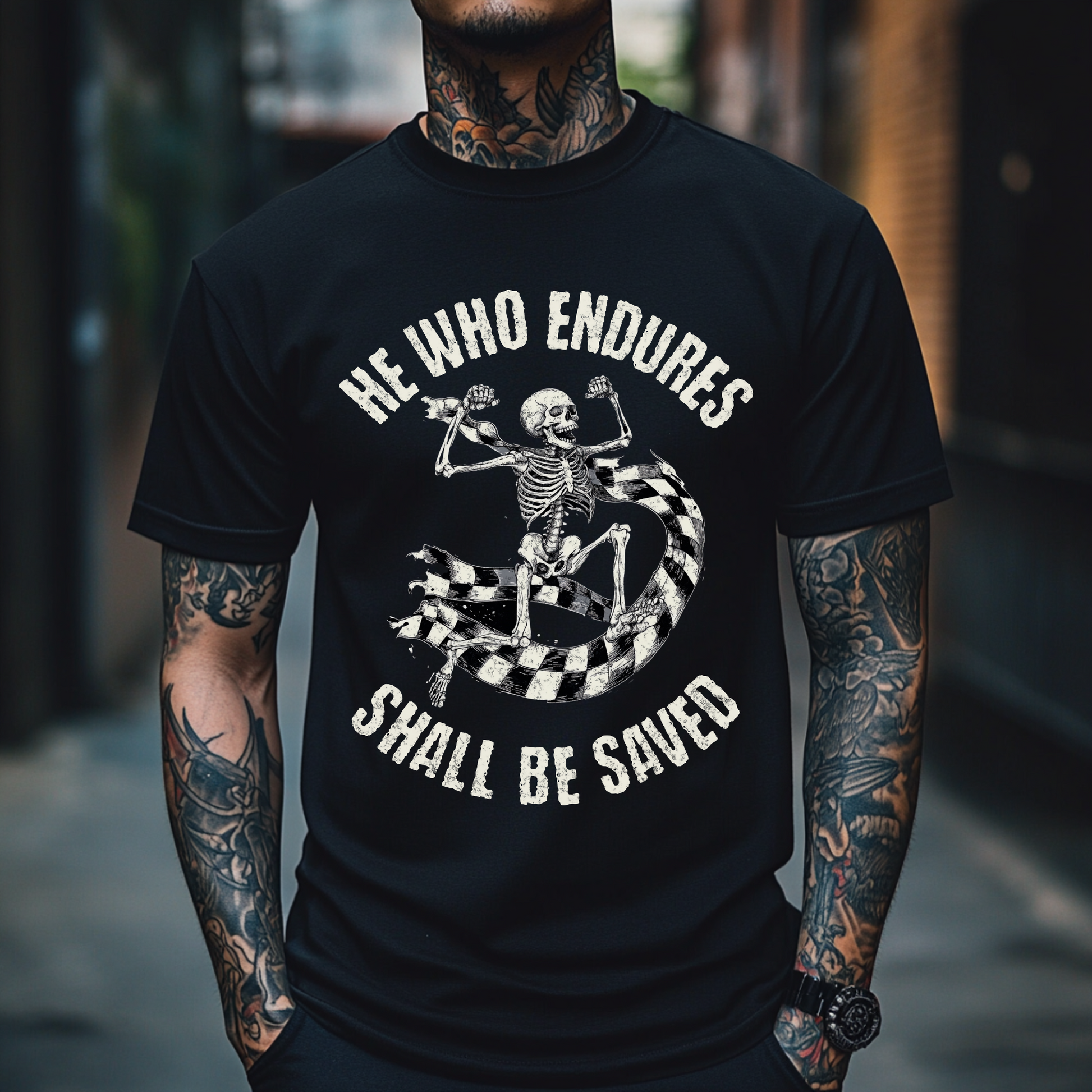 alternative christian tshirt, black crewneck tshirt, he who endures shall be saved