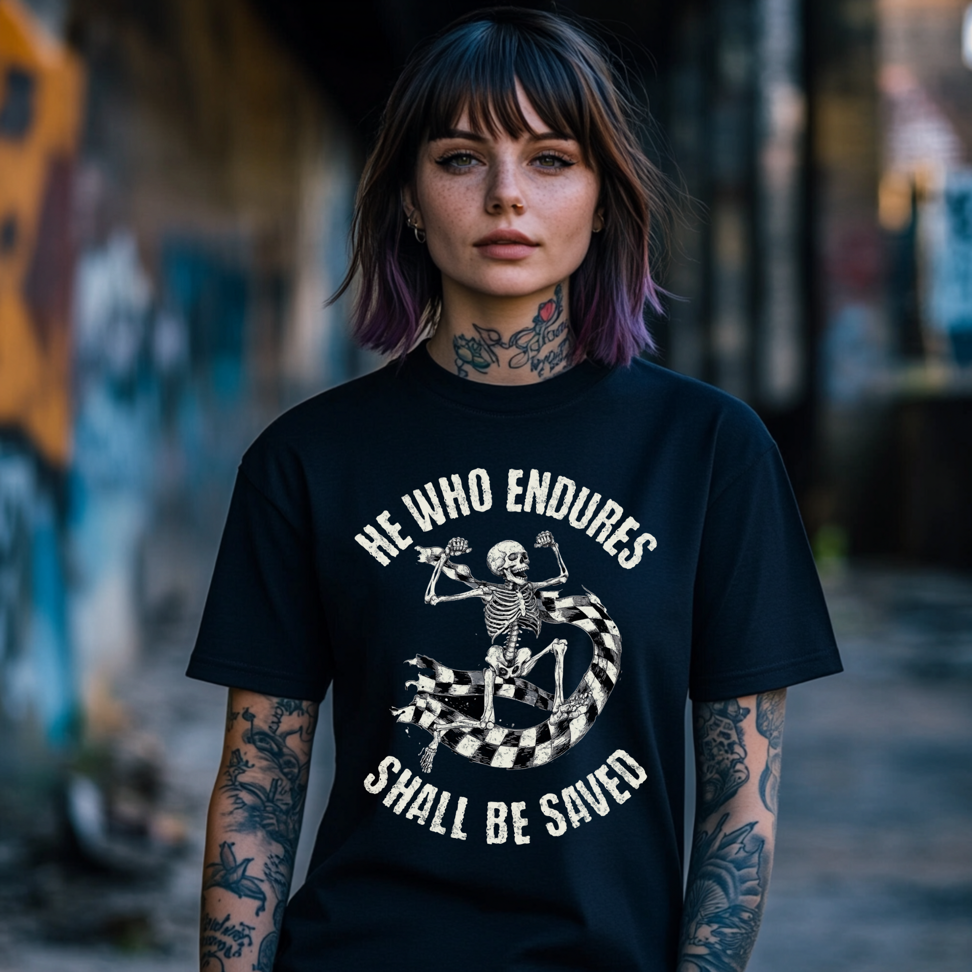 christian alternative apparel, black crewneck tshirt, skeleton design