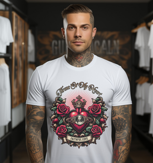 man wearing a white crewneck tattoo christian shirt that says throne of my heart with roses and jesus in the center of a heart in a traditional tattoo style