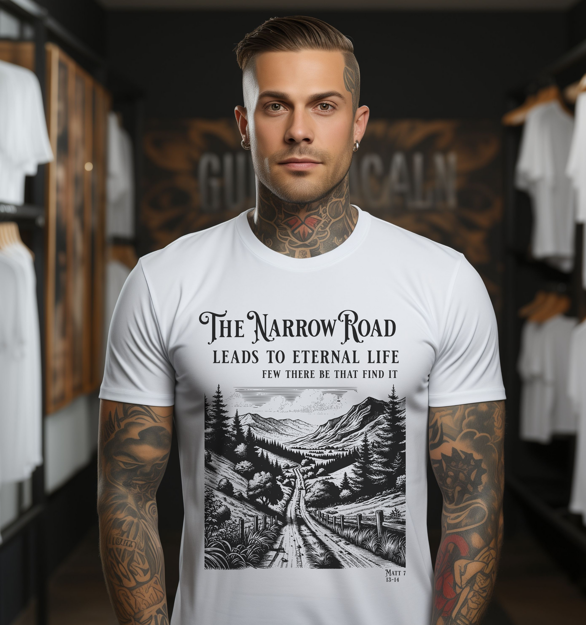 a tattooed man wearing a bold christian clothing tshirt