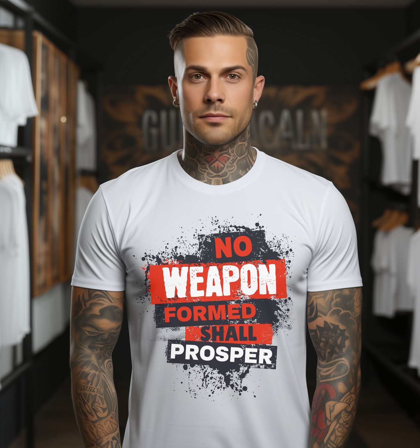 "No Weapon Formed Shall Prosper" Graffiti Christian Streetwear T-shirt
