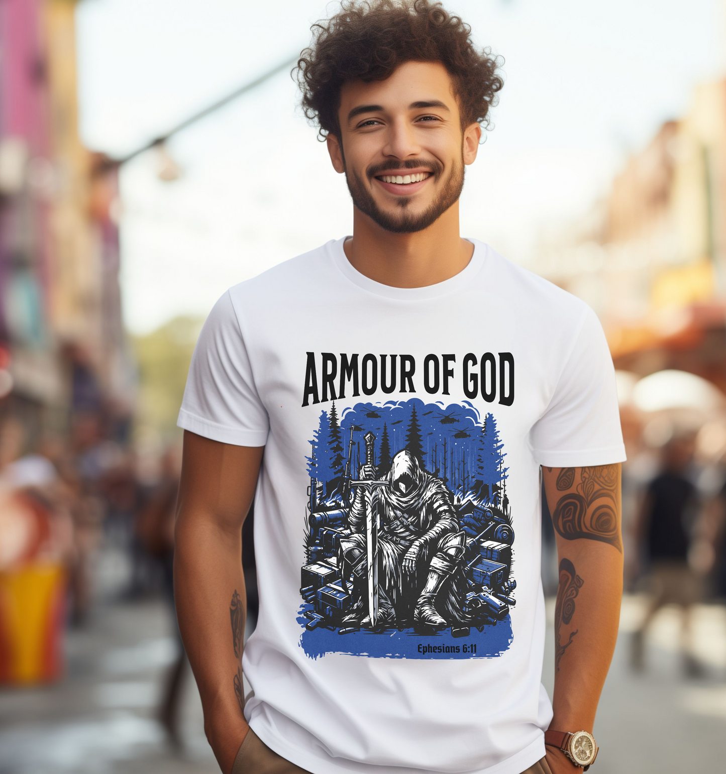 man wearing a white crewneck short sleeve christian graphic tee with a warrior that says armour of god mens  tshirt