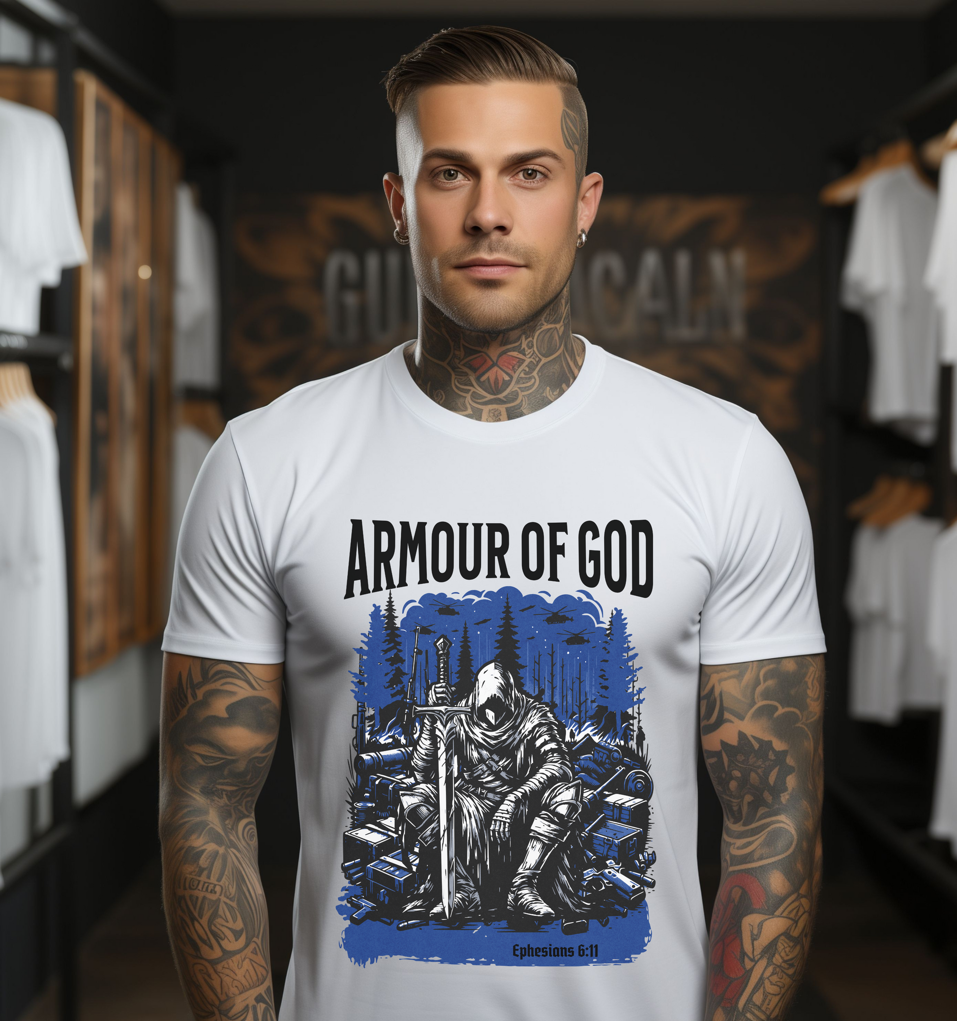christian tshirt mens crewneck short sleeve christian graphic tee that says armour of god with imagery of a warrior on the front