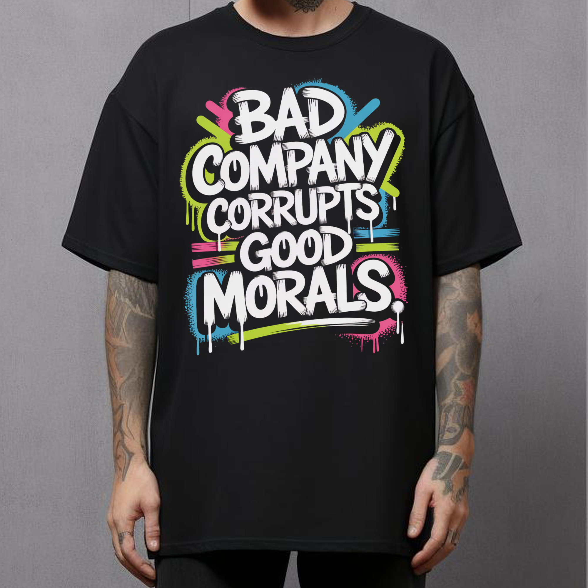 Black Christian streetwear t-shirt with colorful text design with bible verse bad company corrupts good morals