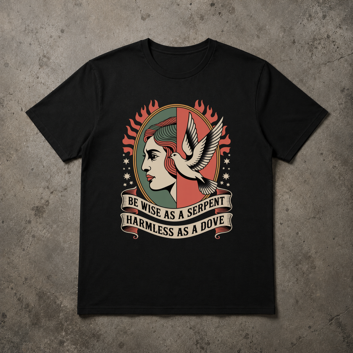 alternative christian streetwear black tshirt BE WISE AS A SERPENT HARMLESS AS A DOVE text in banner  with dove and woman
