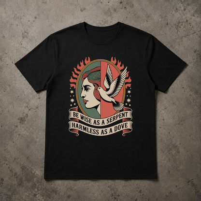 alternative christian streetwear black tshirt BE WISE AS A SERPENT HARMLESS AS A DOVE text in banner  with dove and woman

