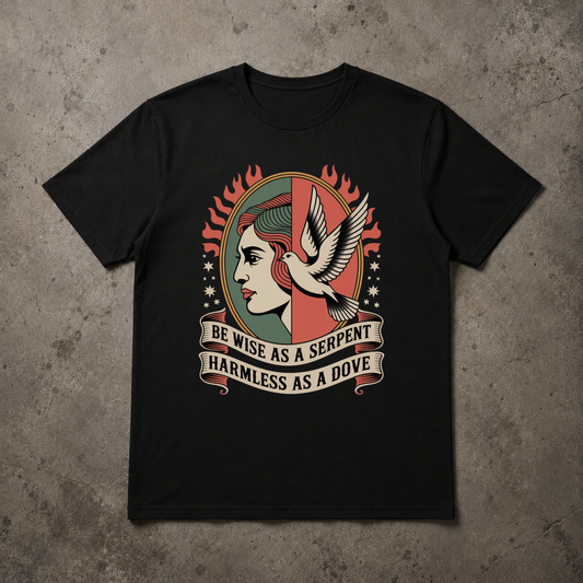 alternative christian streetwear black tshirt BE WISE AS A SERPENT HARMLESS AS A DOVE text in banner  with dove and woman
