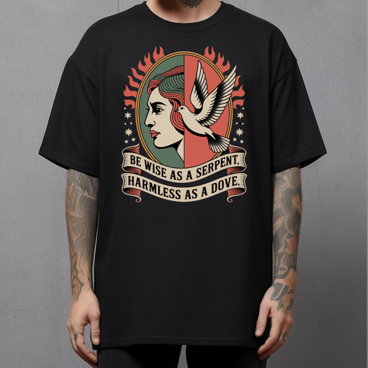 Black t-shirt with a graphic design featuring a woman's face, dove, and text Be Wise As A Serpent, Harmless As A Dove Traditional Tattoo Inspired Christian Tshirt