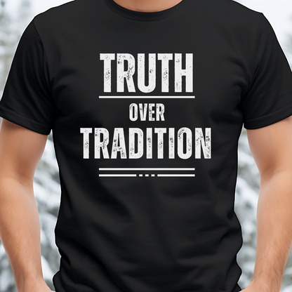 close up image of black christian crewneck short sleeve tshirt that says truth over tradition