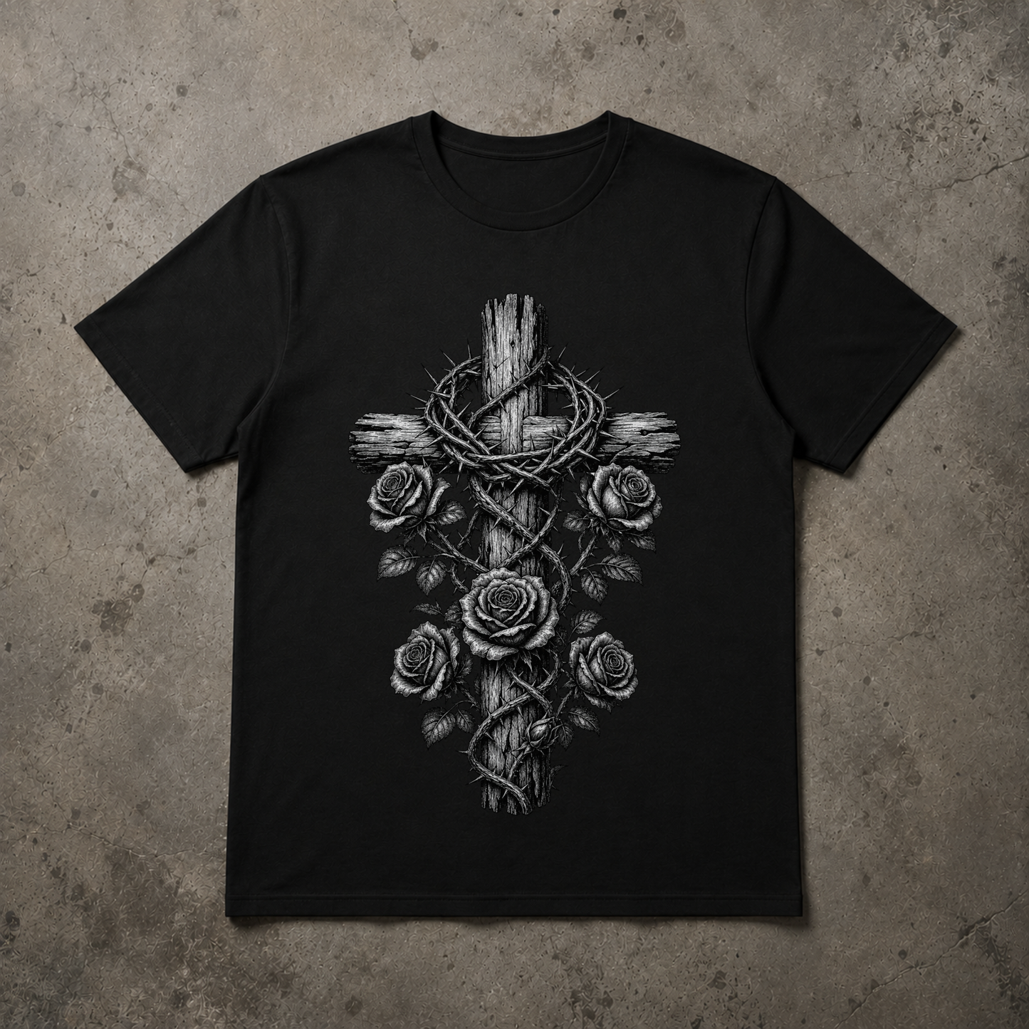 A black short-sleeve crewneck t-shirt featuring a detailed graphic print of a wooden cross wrapped in thorny crown of thorns and adorned with roses, displayed flat against a textured gray concrete background.