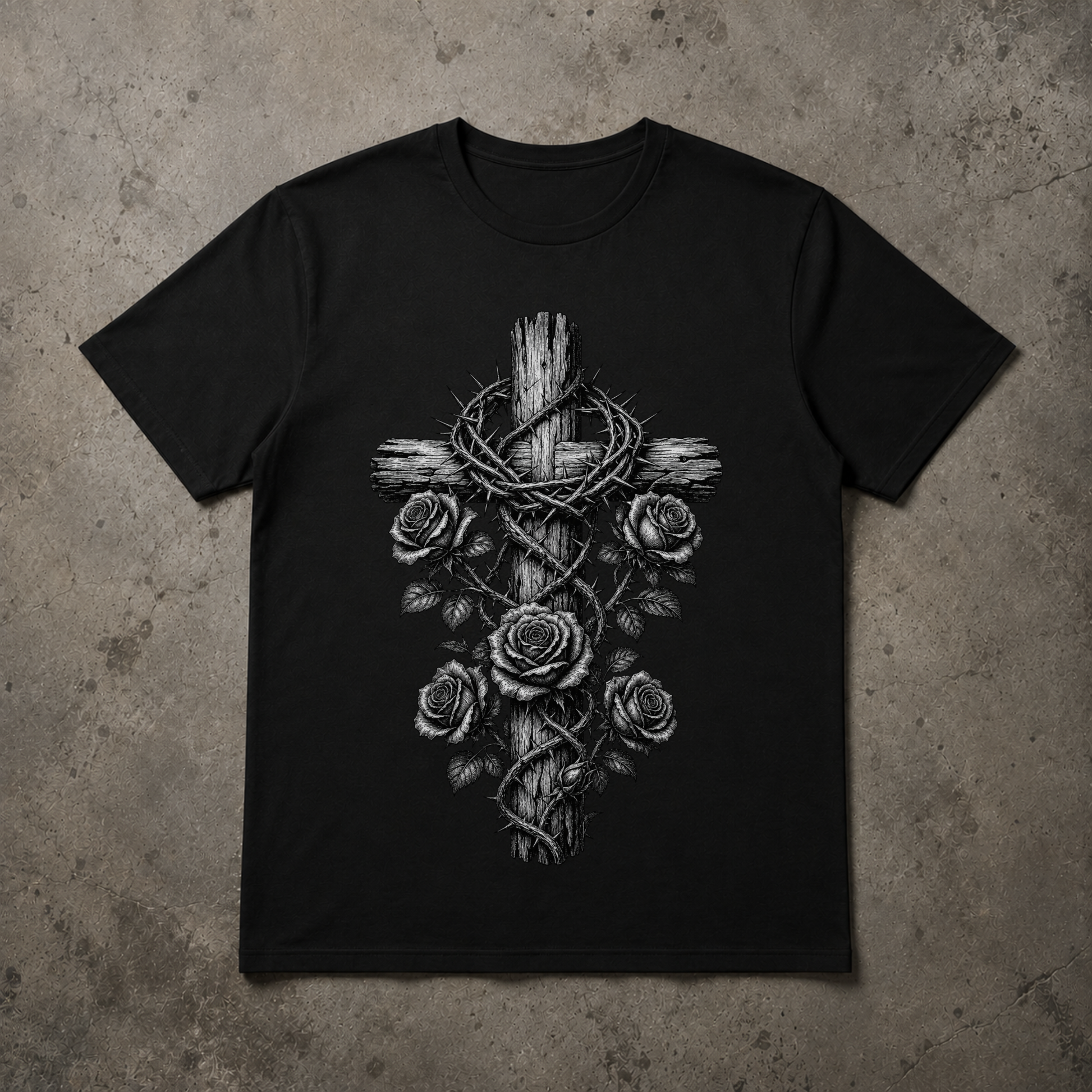 A black short-sleeve crewneck t-shirt featuring a detailed graphic print of a wooden cross wrapped in thorny crown of thorns and adorned with roses, displayed flat against a textured gray concrete background.