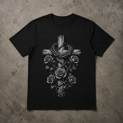 A black short-sleeve crewneck t-shirt featuring a detailed graphic print of a wooden cross wrapped in thorny crown of thorns and adorned with roses, displayed flat against a textured gray concrete background.